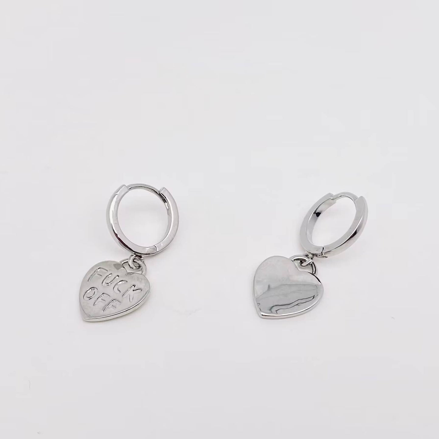 "Fuck off" Heart-shaped Gold Plated Huggie Earrings: Silver