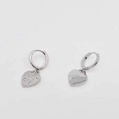 "Fuck off" Heart-shaped Gold Plated Huggie Earrings: Silver