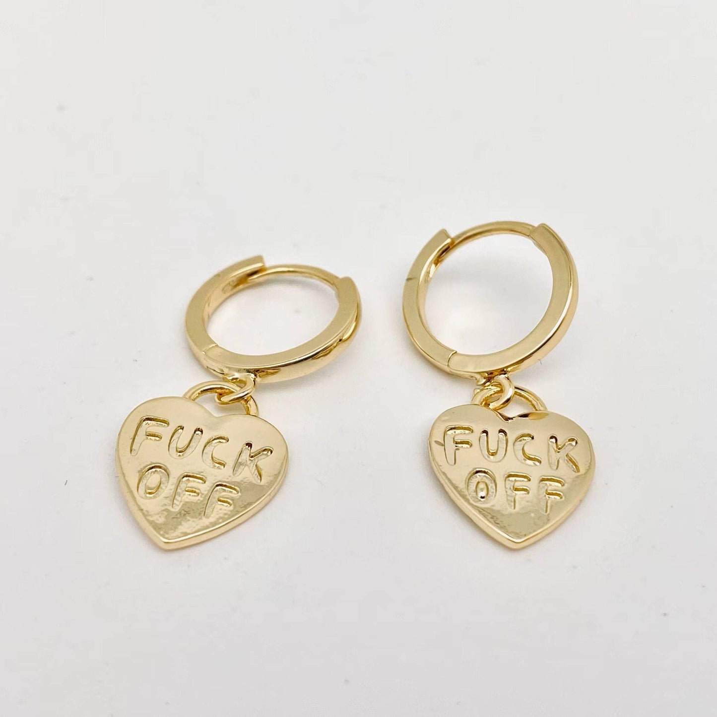 "Fuck off" Heart-shaped Gold Plated Huggie Earrings: Silver