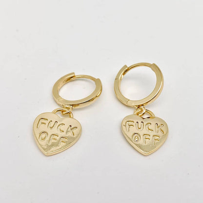 "Fuck off" Heart-shaped Gold Plated Huggie Earrings: Silver
